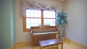 Piano and plants on the side with one window.